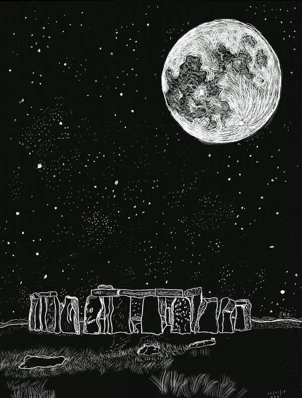 Moon Art Print featuring the drawing Full moon over Stonehenge by Branwen Drew