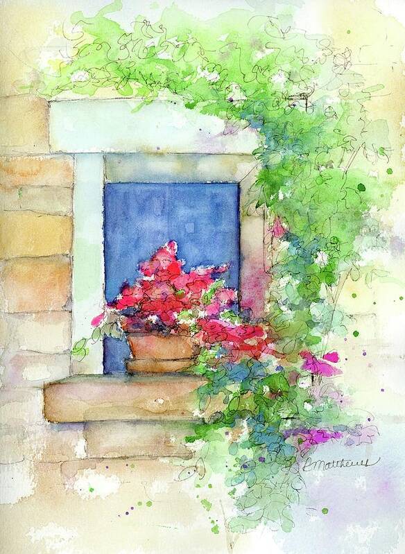 Floral Painting Art Print featuring the painting Geranium in window by Rebecca Matthews