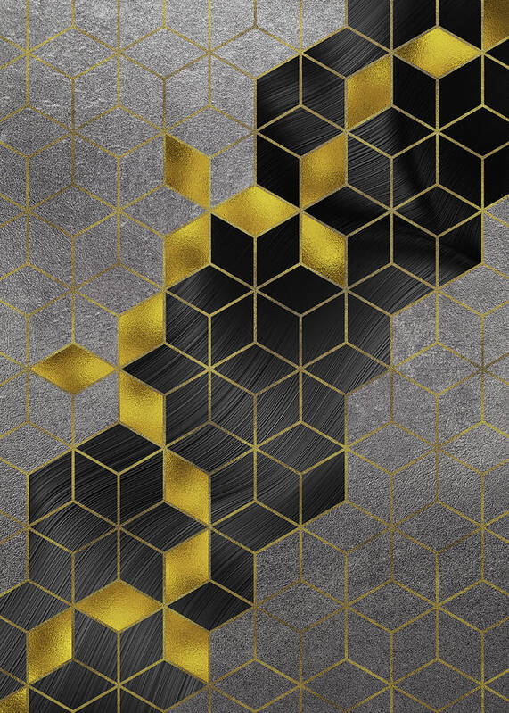 Abstract Art Print featuring the digital art Gold With The Flow Geometric Modern Marble by Sambel Pedes