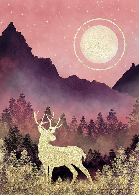 Stag Art Print featuring the digital art Golden Stag by Rachel Emmett