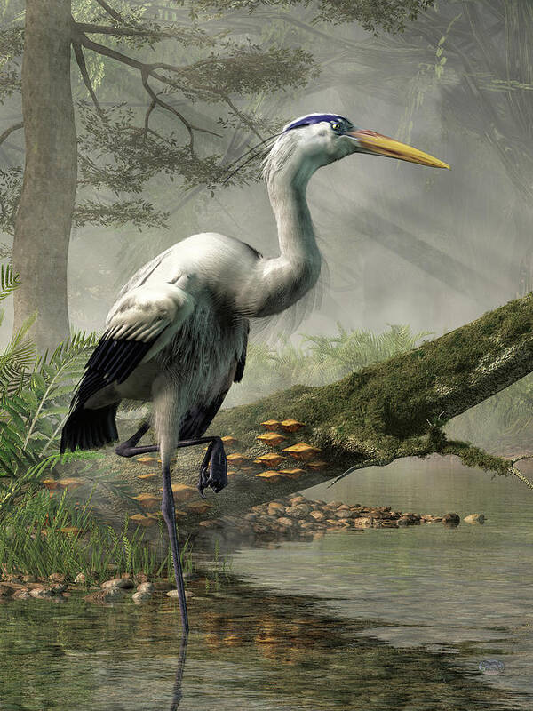 Great White Heron Art Print featuring the digital art Great Blue Heron by Daniel Eskridge