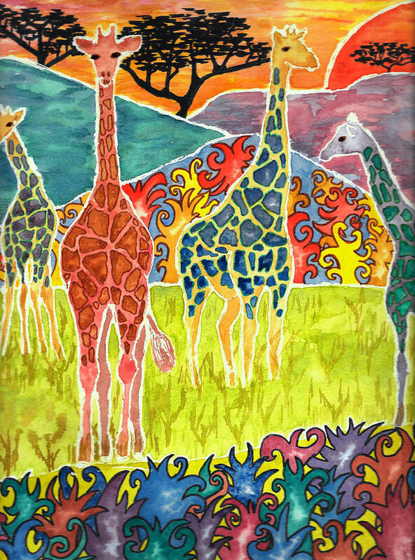 Giraffe Art Print featuring the painting Groovy Giraffes by Gemma Reece-Holloway