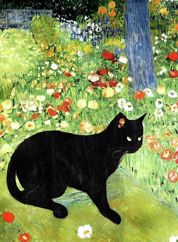 Black Cat Art Print featuring the digital art Guarding the Garden by Ally White
