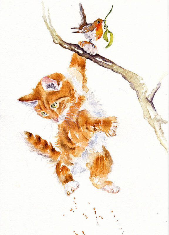 Ginger Art Print featuring the painting Hanging Around - naughty kitten by Debra Hall
