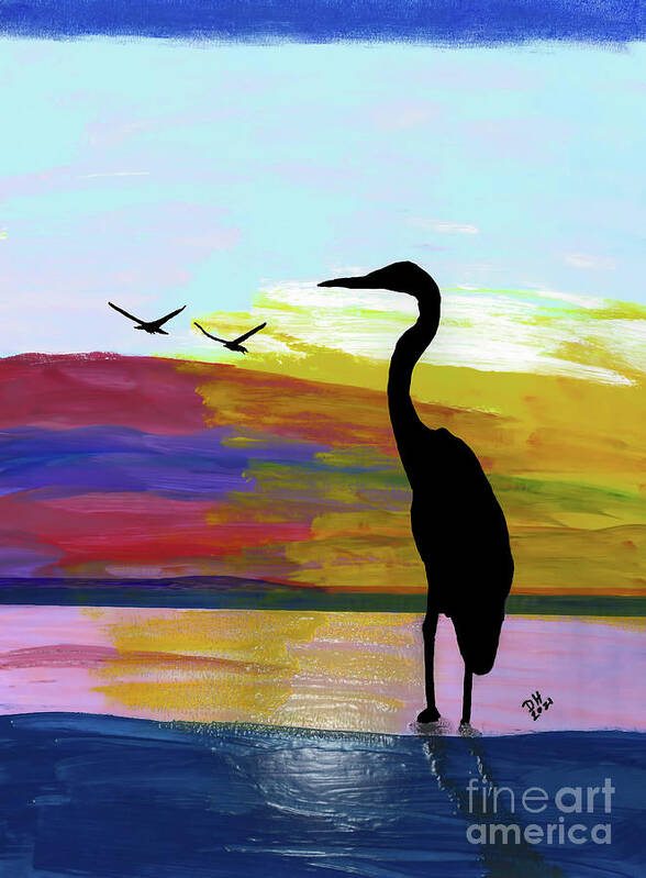 Sunset Art Print featuring the painting Heron On The Lake Sunset by D Hackett