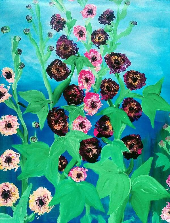 Hollyhocks Art Print featuring the painting Hollyhocks 2 by Lynne McQueen