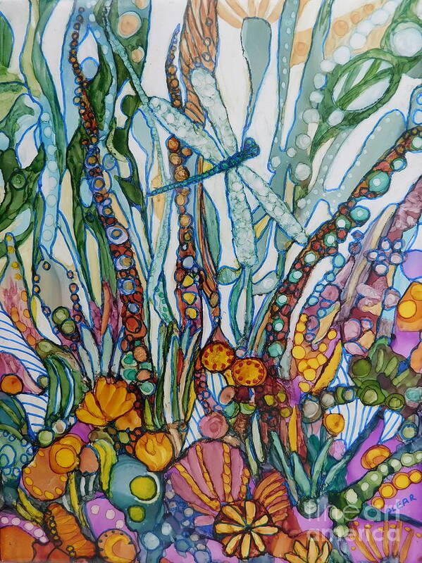 I Love To Paint With Alcohol Ink Because It Is So Unpredictable And Spontaneous But In Order To Get The Sharp Detail In This Painting I Experimented Using Tiny Brushes To Remove The Ink From Sections Of The Background And Control The Its Spread. Art Print featuring the painting I Spy a Dragon Fly by Joan Clear