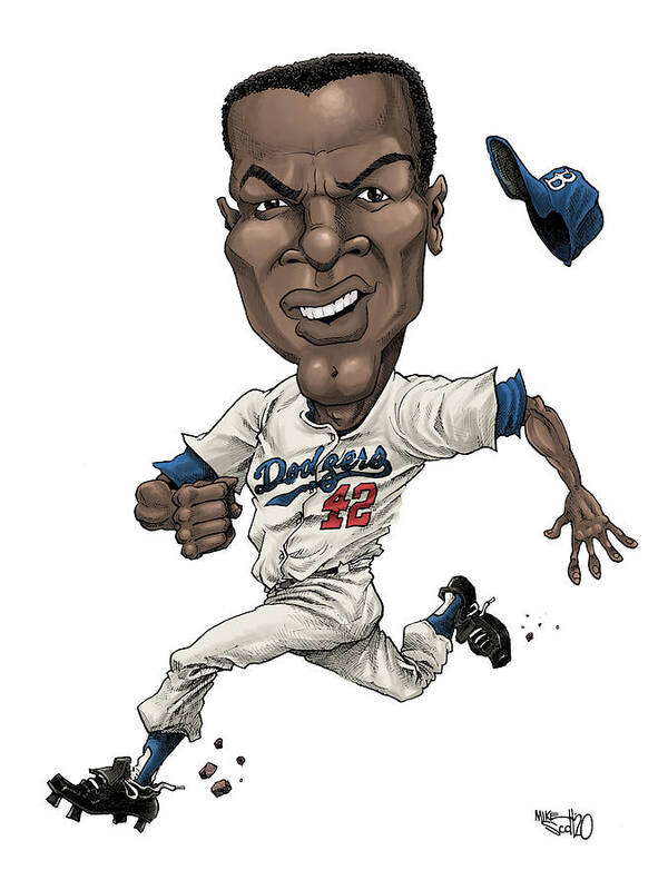 Cartoon Art Print featuring the drawing Jackie Robinson in color by Mike Scott
