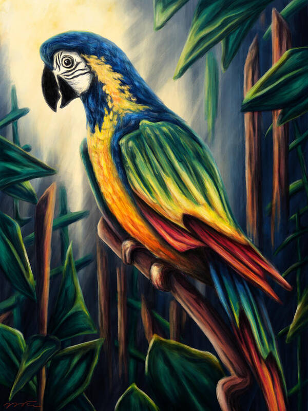 Bird Art Print featuring the painting Jungle parrot painting, colorful macaw by Nadia CHEVREL