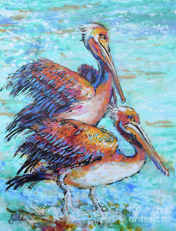 Juvenile Brown Pelican Art Print featuring the painting Juvenile Pelicans by Jyotika Shroff