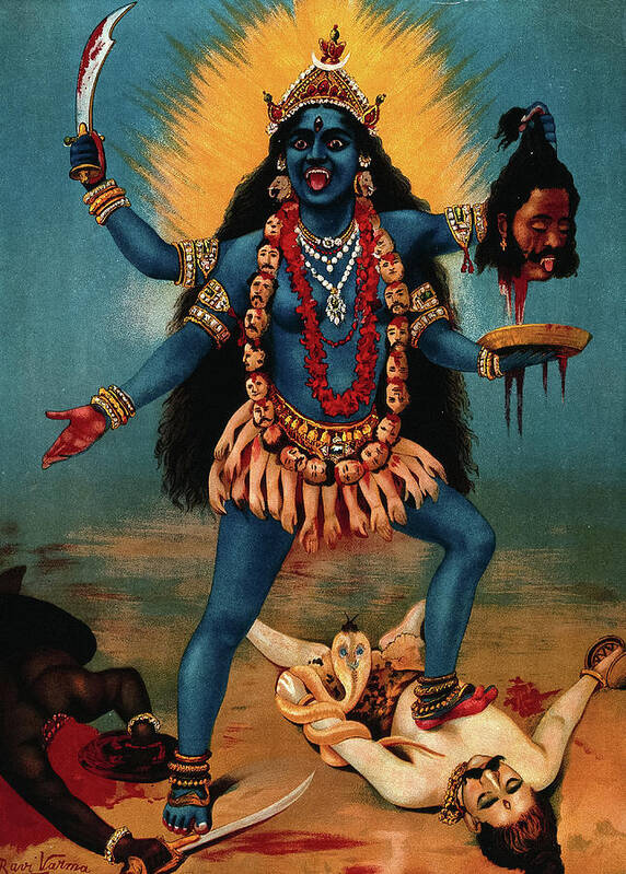 Raja Ravi Varma Art Print featuring the painting Kali trampling Shiva by Ravi Varma