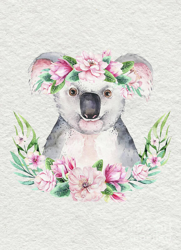 Koala Art Print featuring the painting Koala With Flowers by Nursery Art