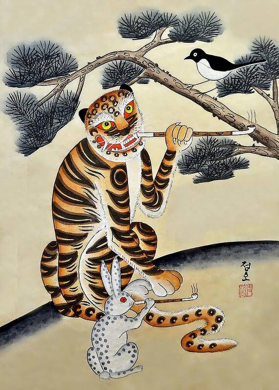 Korean Minhwa Tiger with Pipe Art Print by Patricia Keith - Art