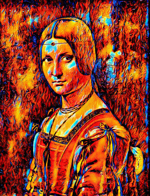 La Belle Ferronnière Art Print featuring the digital art La Belle Ferronniere by Leonardo da Vinci - colorful dark orange recreation by Nicko Prints