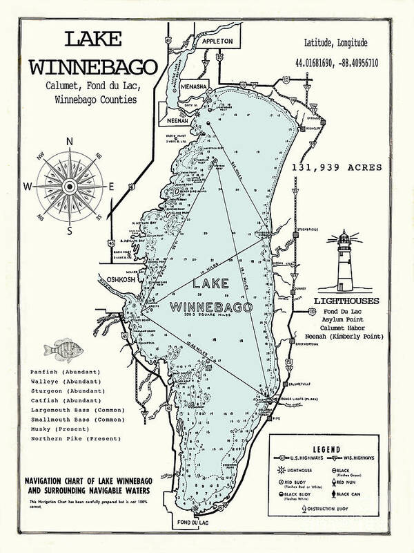 Map Art Print featuring the digital art Lake Winnebago Wisconsin Map by Jean Plout