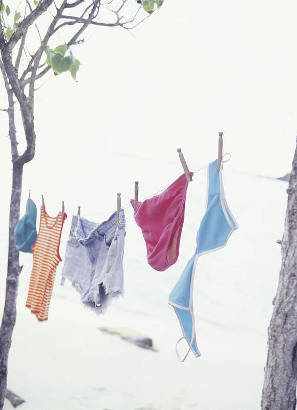Hanging Art Print featuring the photograph Laundry hanging on clothes line between trees at ocean by Steve Mason