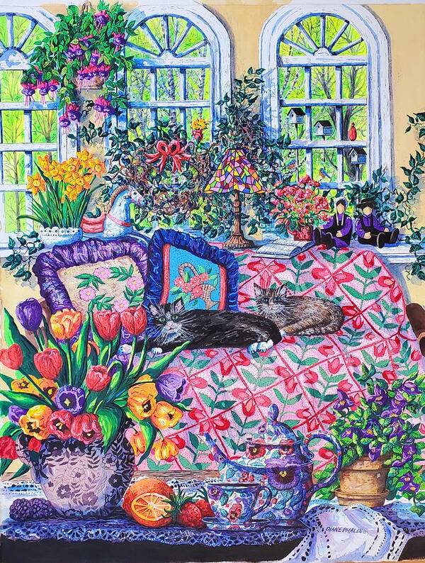 Quilt Art Print featuring the painting Lazy Cats by Diane Phalen