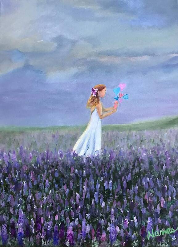 Girl Art Print featuring the painting Little Girls, Hearts and Flowers by Deborah Naves