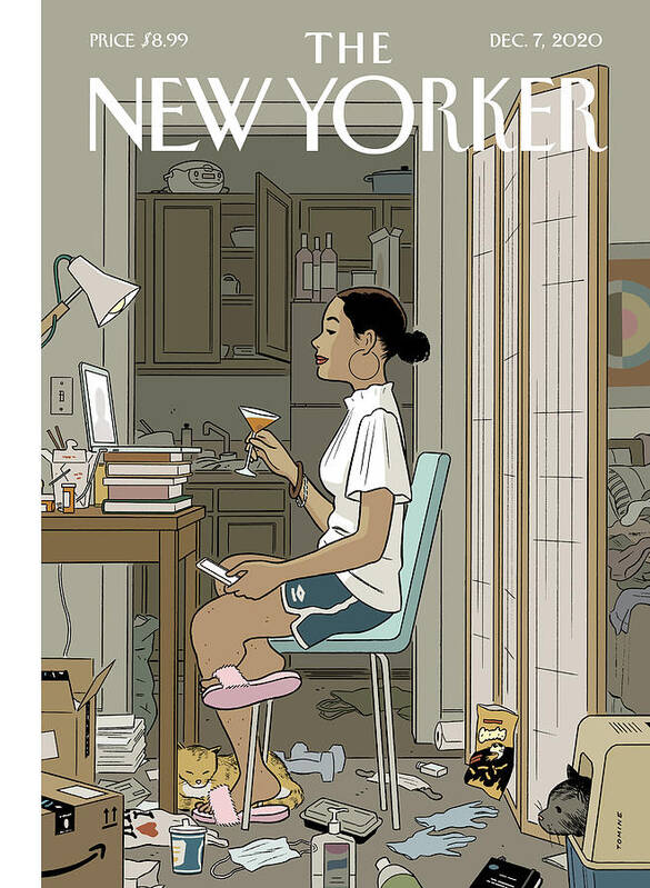Pandemic Coronavirus Covid19 Companionship Computer Digital Home Zoom Video Cocktail Chat Mess Dating Romance 148124 #condenastnewyorkercover Art Print featuring the digital art Love Life by Adrian Tomine