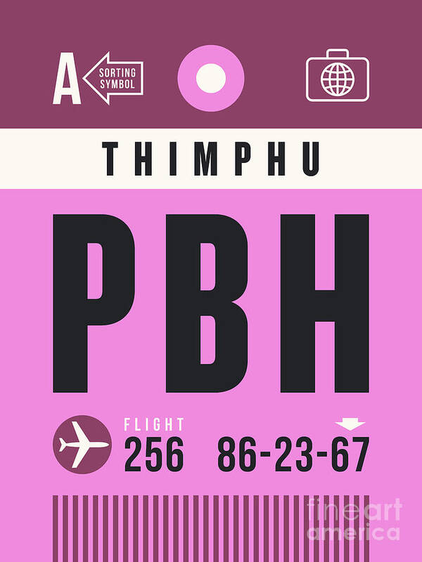 Airline Art Print featuring the digital art Luggage Tag A - PBH Thimphu Bhutan by Organic Synthesis