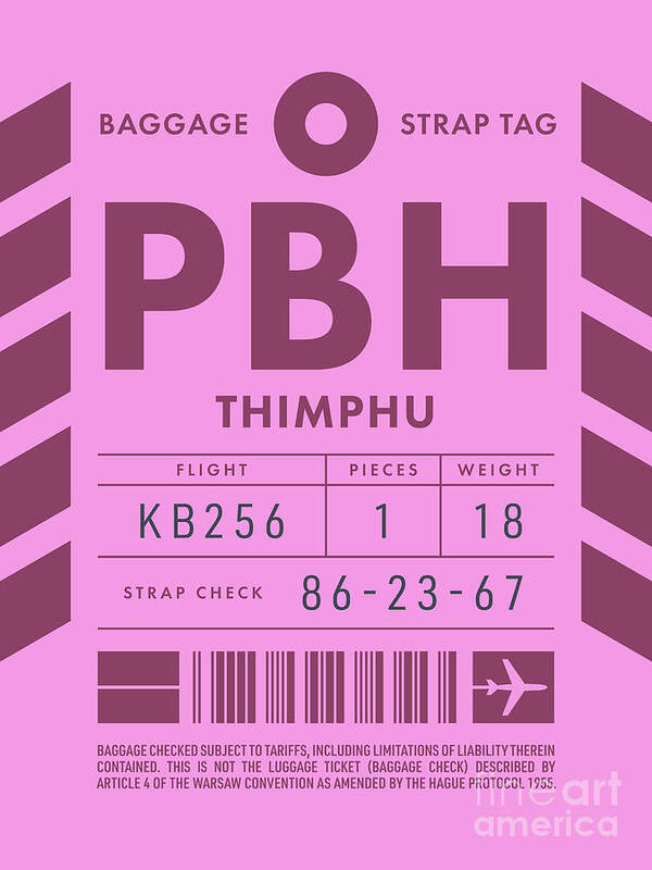 Airline Art Print featuring the digital art Luggage Tag D - PBH Thimphu Bhutan by Organic Synthesis