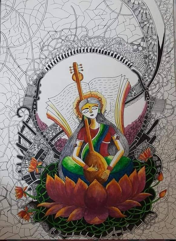 Saraswati Hindu Goddess Of Knowledge Sitting On Lotus Flower And Playing  Veena Instrument Silhouette Symbol Hand Drawn Ink Sketch Isolated Design  Element For Prints Decor Web Stock Illustration - Download Image Now -