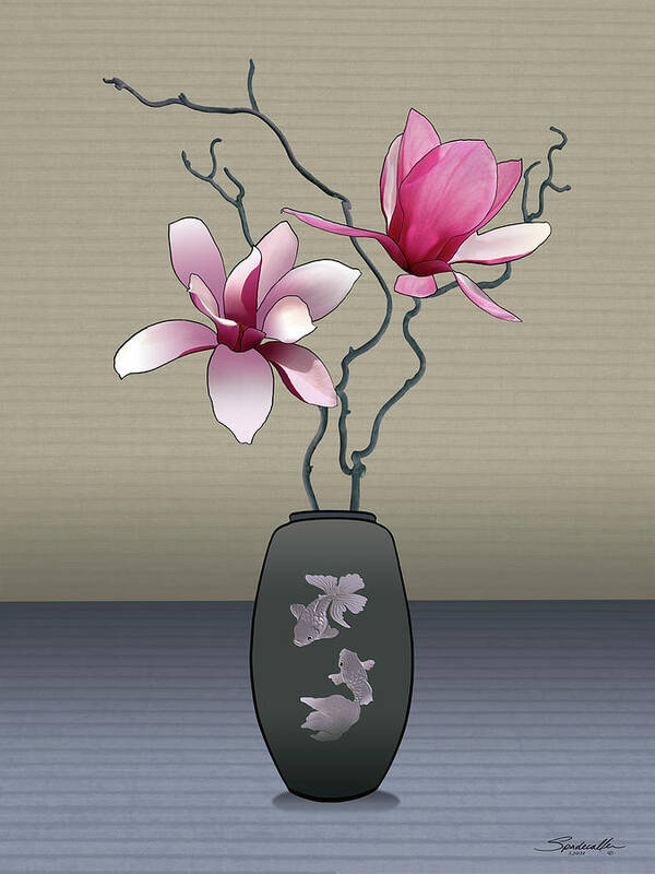 Ikebana Art Print featuring the digital art Magnolia in Two Fish Vase by M Spadecaller