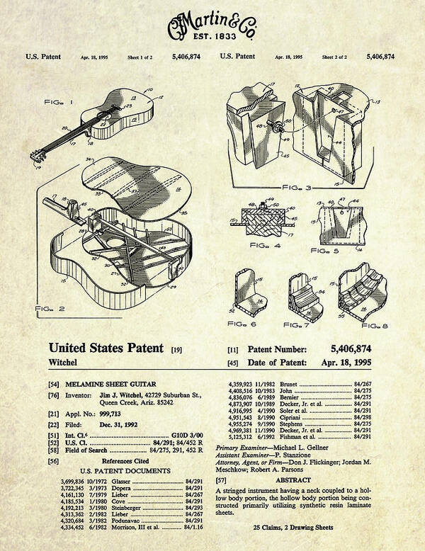 Martin Guitar Patent Art Art Print featuring the digital art Martin Guitar Patent Art by Gary Bodnar