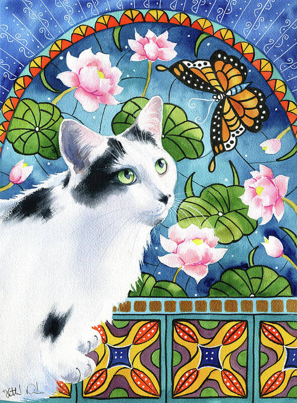 Tuxedo Cats Art Print featuring the painting Maximillion With Waterlilies Tuxedo Cat Painting by Dora Hathazi Mendes