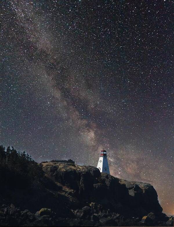 Milky Way Over Boars Head Lighthouses Night Sea Rocks Shore Line Light House Starts Milky Way Night Life Long Exposures Art Print featuring the photograph Milky Way over Boars Head by David Matthews