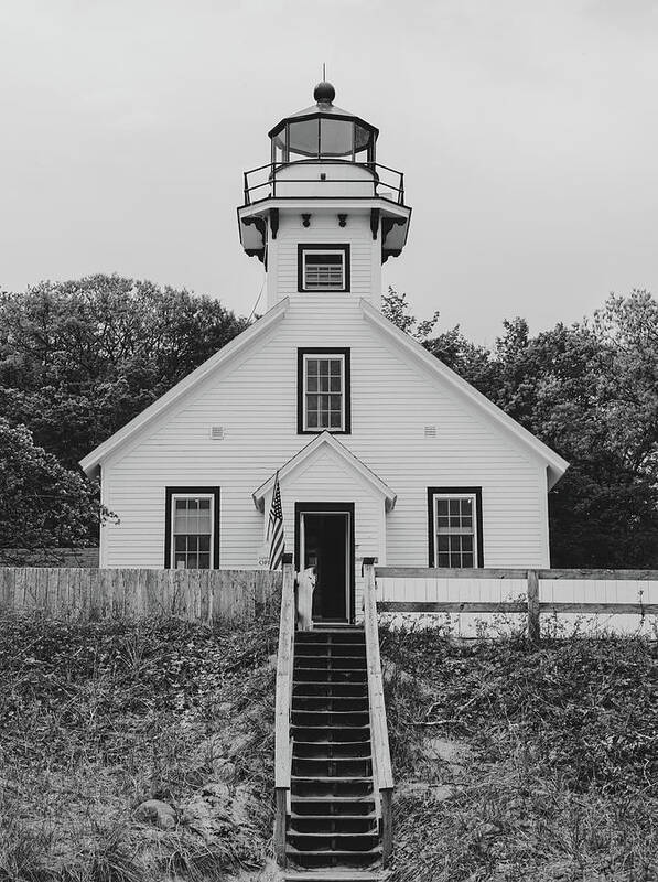 Mission Point Light Black And White Art Print featuring the photograph Mission Point Light Black And White by Dan Sproul