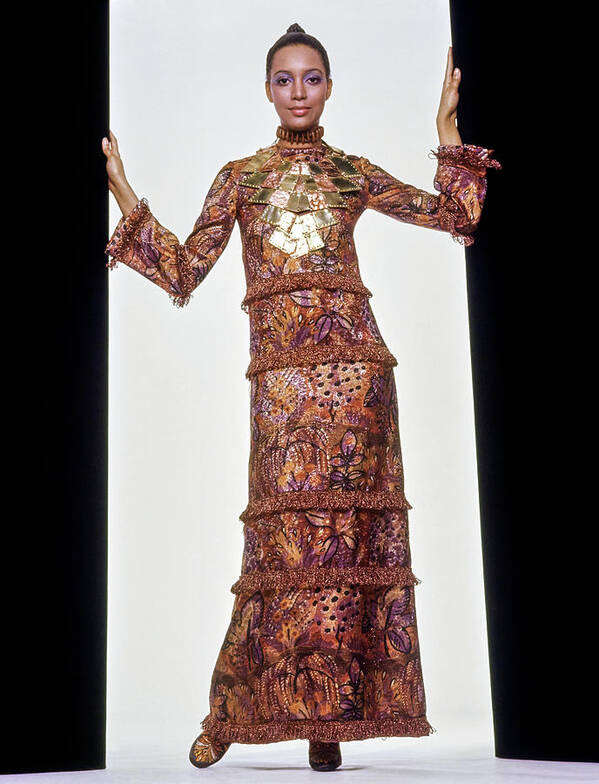 Fashion Art Print featuring the photograph Model Charlene Dash Wearing A Tiered Metallic Dress by Gianni Penati