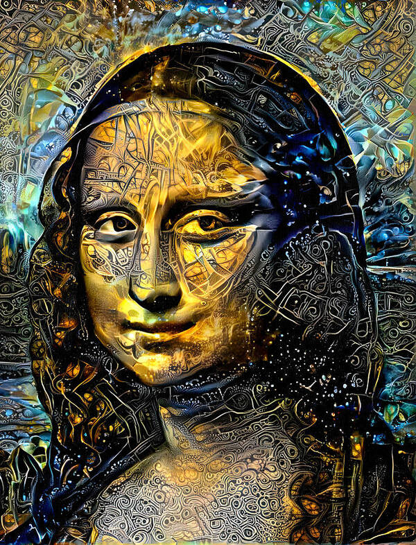 Mona Lisa Art Print featuring the digital art Mona Lisa by Leonardo da Vinci - golden night design by Nicko Prints