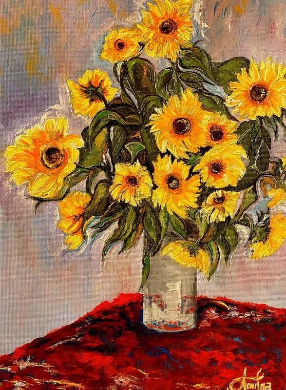 Sunflowers Art Print featuring the painting Monets Sunflowers by Anitra by Anitra Handley-Boyt