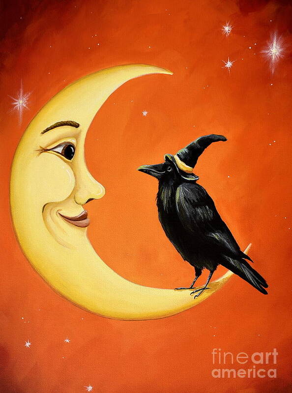 Moon Art Print featuring the painting Moon And Crow  by Debbie Criswell