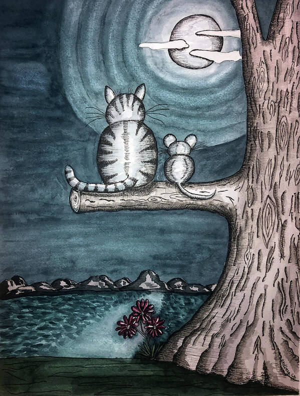 Landscape Art Print featuring the painting Moonlight Cat and Mouse by Christina Wedberg
