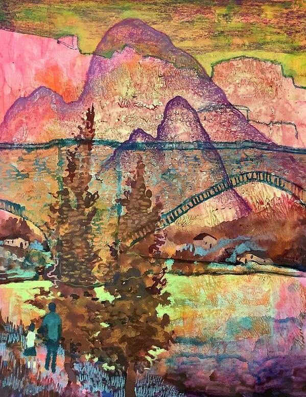 Mountain Bridge Trees People Surreal Color Colorful Dream Dreamscape Scenery Nature Europe Art Print featuring the painting Mountain Bridge by James Huntley