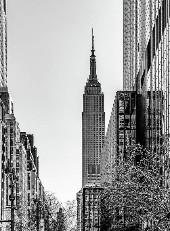 New York City Art Print featuring the photograph New York's Iconic Empire State Building, Black and White by Marcy Wielfaert