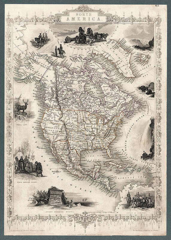 North America Art Print featuring the photograph North America Map 1851 with illustrations and boundaries by Phil Cardamone