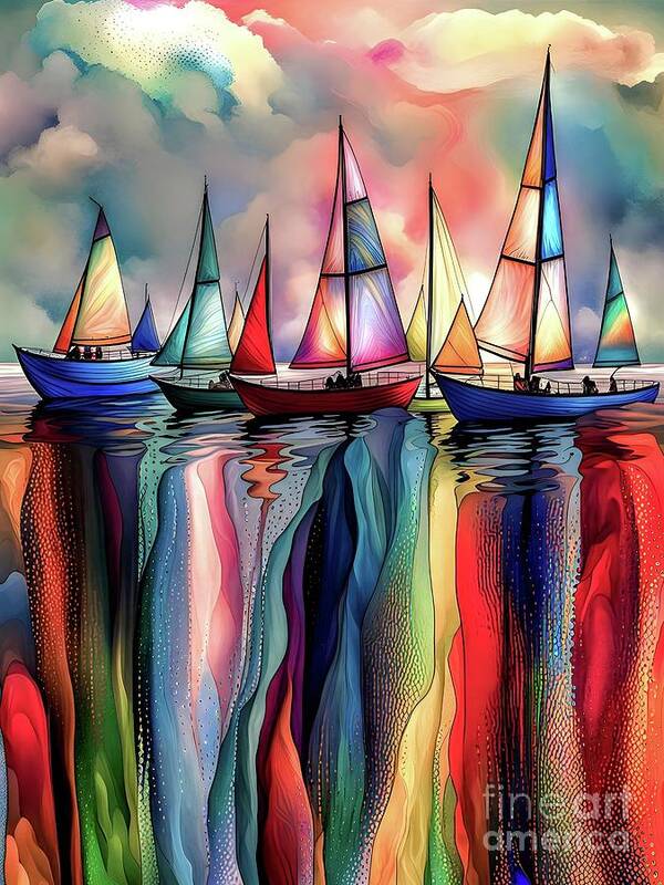 Sailboat Colorful Vibrant Art Print featuring the mixed media On The Edge of Colour Falls by Bruce Beshara