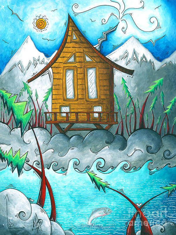 Alaska Art Print featuring the painting Original Alaskan Cabin Salmon PoP Art Style Landscape Sea Painting MAD Wonderland Eco Art Duncanson by Megan Aroon