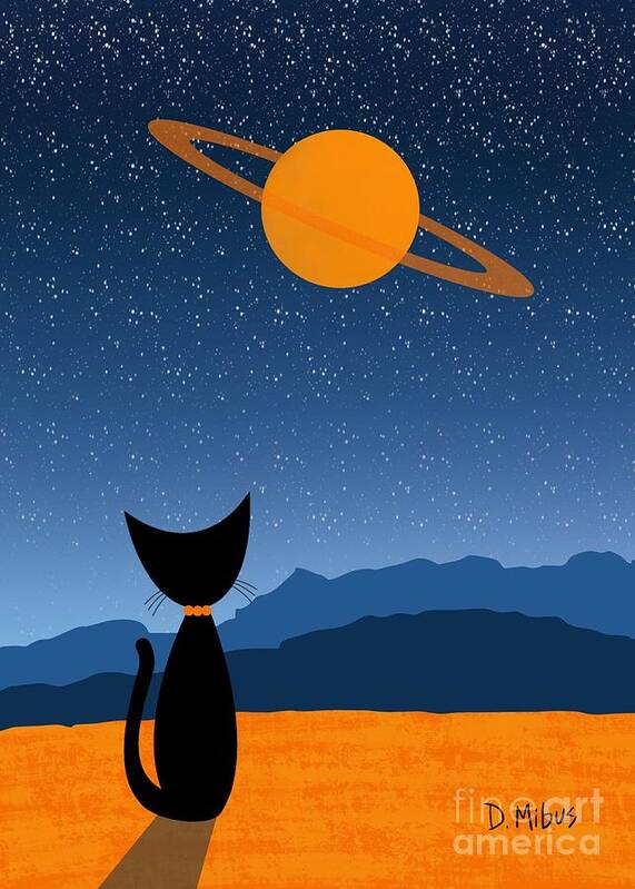  Art Print featuring the digital art Outer Space Cat Admires Ringed Planet 2 by Donna Mibus