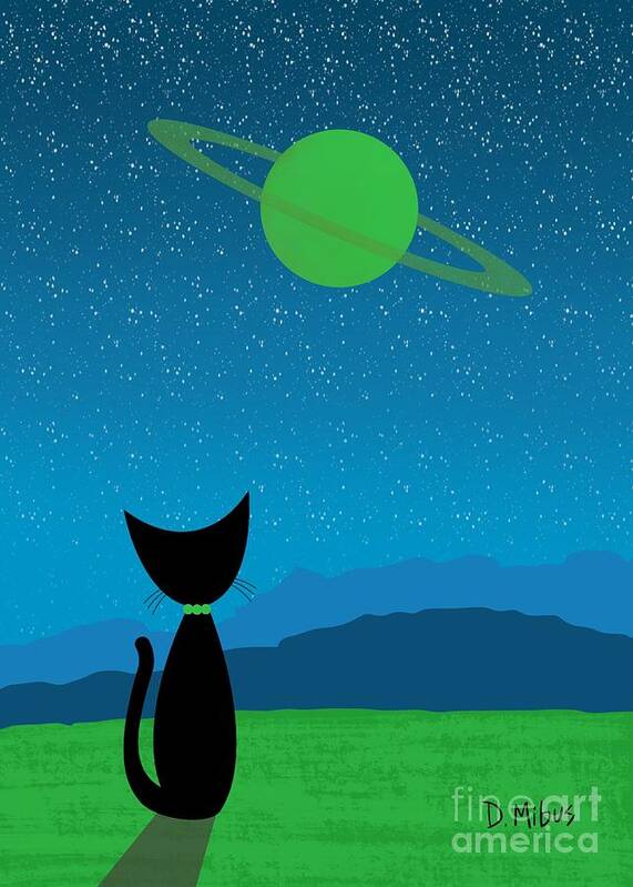  Art Print featuring the digital art Outer Space Cat Admires Ringed Planet 3 by Donna Mibus