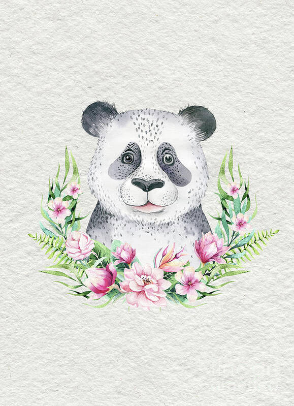 Panda Art Print featuring the painting Panda Bear With Flowers by Nursery Art
