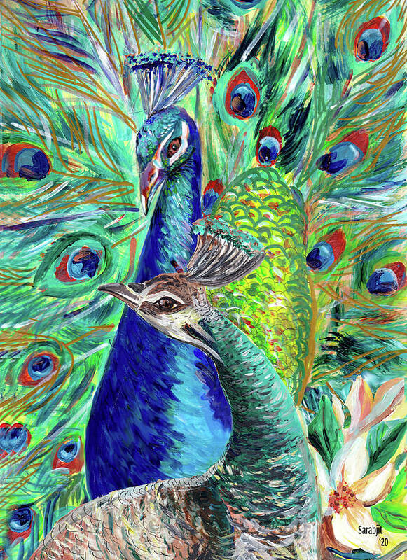 Peacock Art Print featuring the painting Peacock and hen by Sarabjit Singh