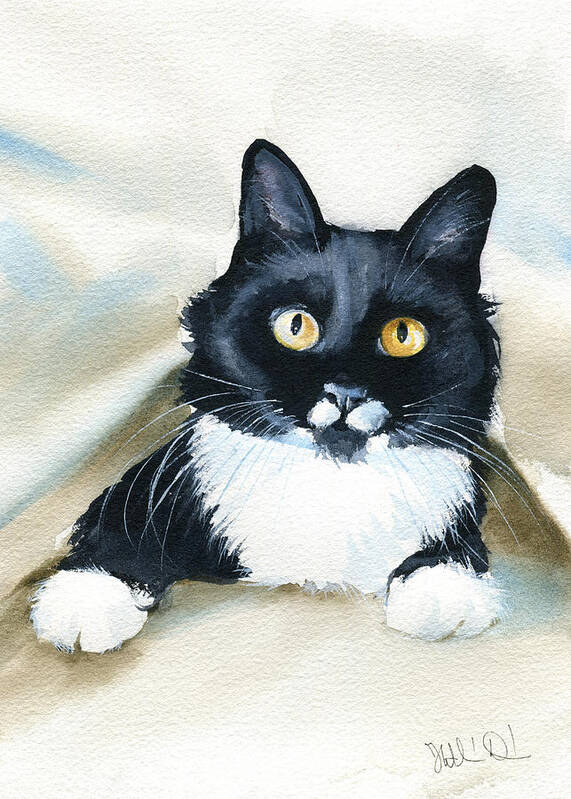 Cat Art Print featuring the painting Peekaboo Tuxedo Cat Painting by Dora Hathazi Mendes