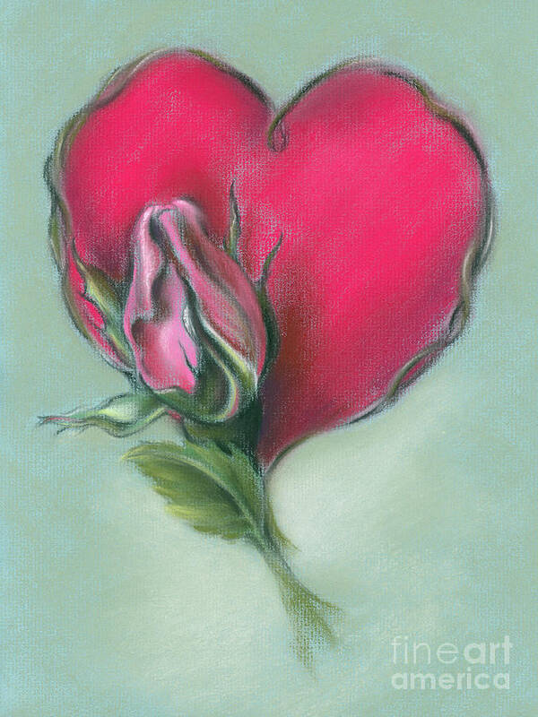 Botanical Art Print featuring the painting Pink Rosebud and Heart by MM Anderson