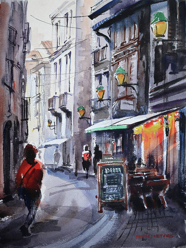 Landscape Art Print featuring the painting Pizza Cafe in France by Shirley Peters