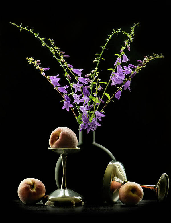 Still Life Art Print featuring the photograph Purple Bells and Peaches by Maggie Terlecki