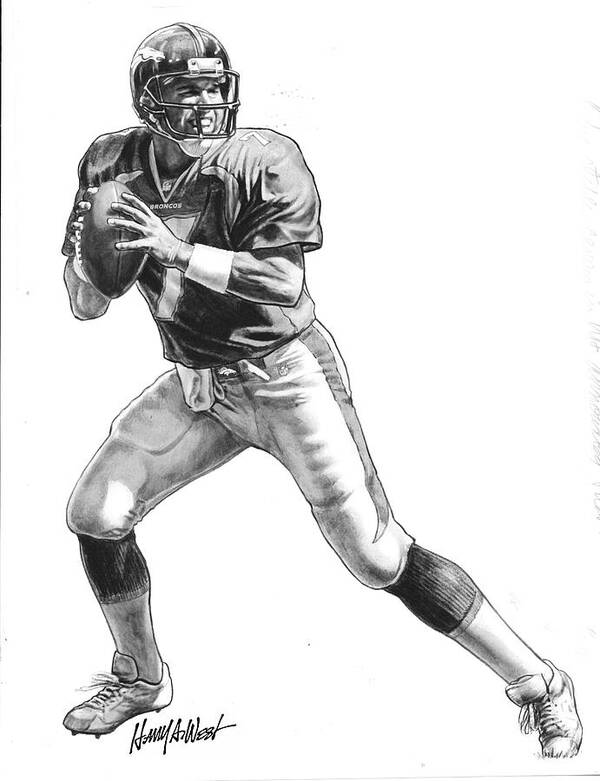 Quarterback Art Print featuring the drawing QB John Denver of Elway Broncos by Harry West